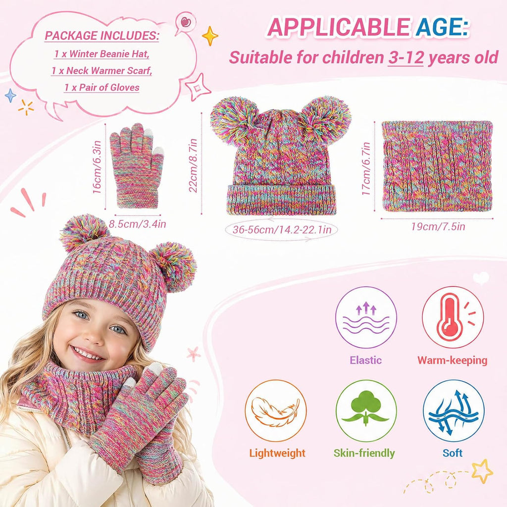 Kids Winter Hat Gloves Scarf Set, Unisex Children Beanie Hat with Pom