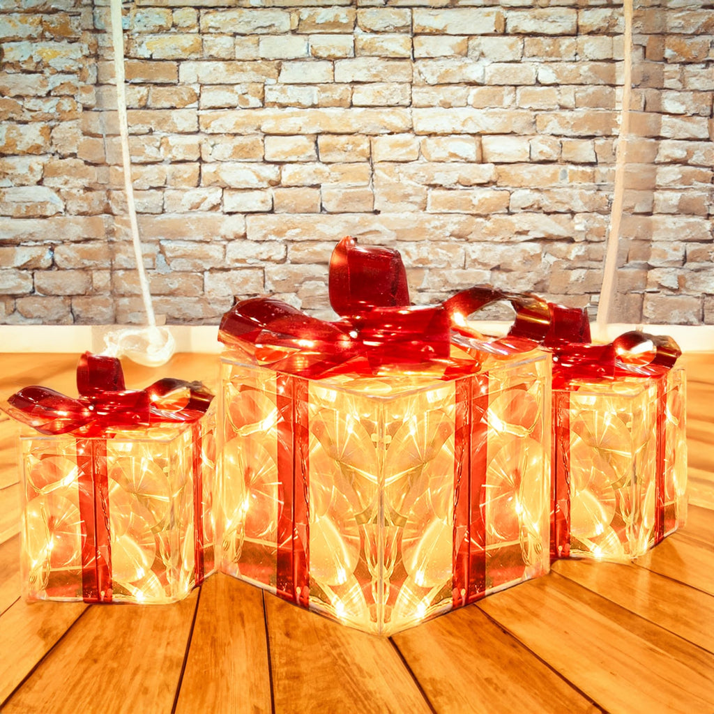 Set of 3 Christmas Lighted Gift Boxes, Pre-lit 60 LED Light Up Present Boxes Ornament Decorations with Ribbons for