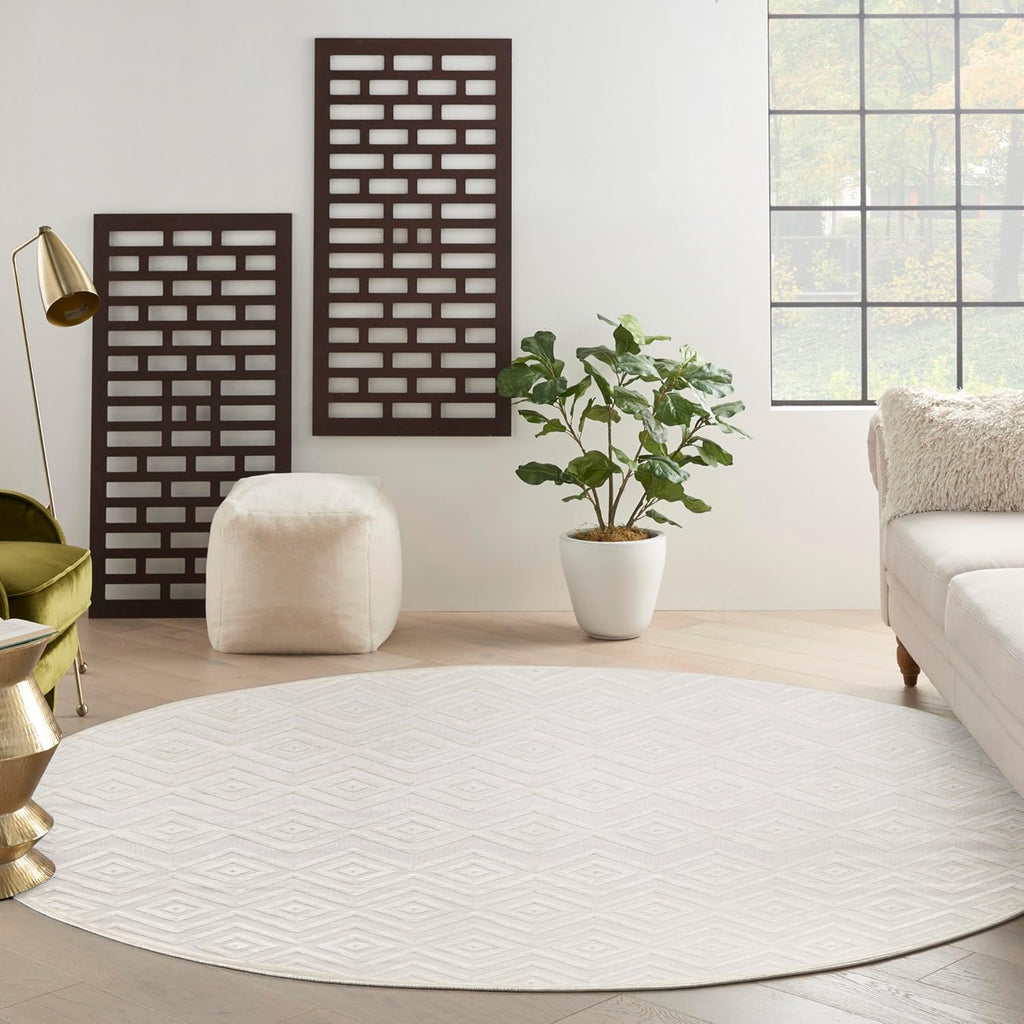 Home Versatile Ivory White 8' x Round Area Rug - Easy Clean, Non Shedding, Bed Room, Living Room, Di