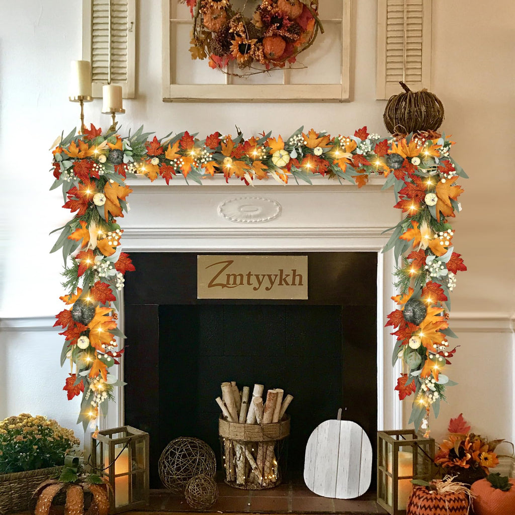 Realistic Fall Garland for Mantle 6 Ft Fall Maple Leaves Garlands with Lights/Timer Pumpkin Garland for Thanksgiving