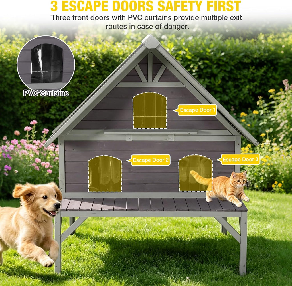 Extra Large 2-Tier Wooden Outdoor Cat House Weatherproof with Sun Balcony & 3 Escape Doors, Solid Wood Feral Cat