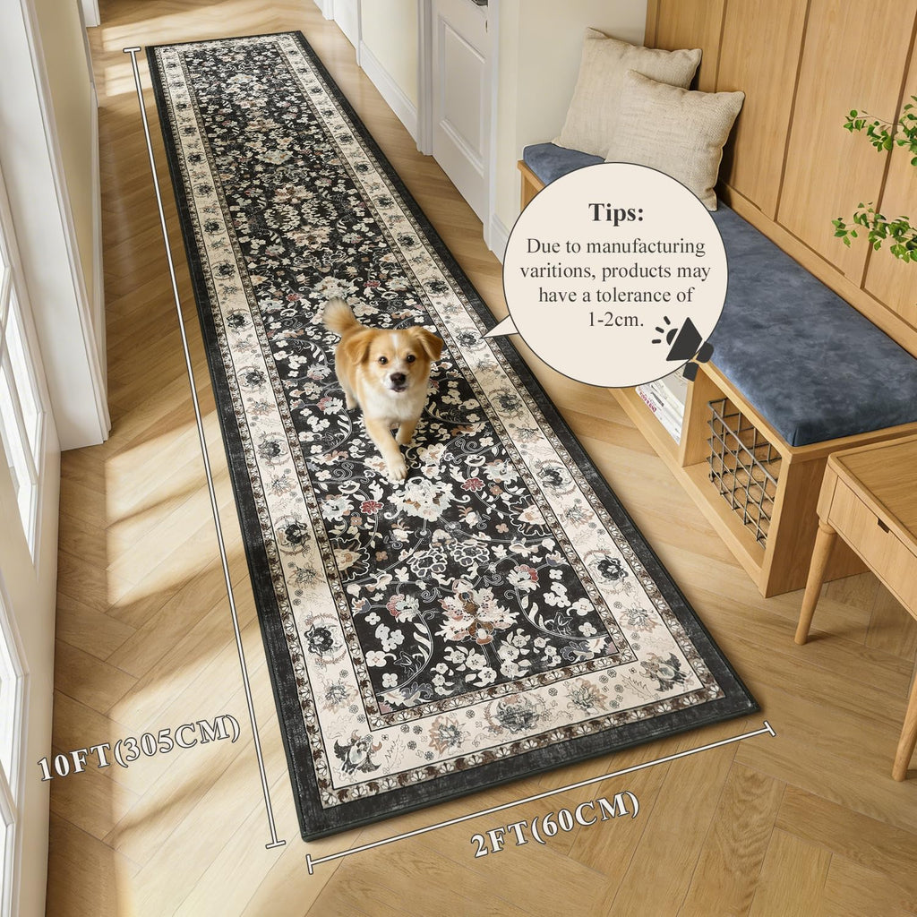 Washable Runner Rug, 2x10 Non-Slip Vintage Farmhouse Hallway Runner Rug with Rubber Backing, Boho So