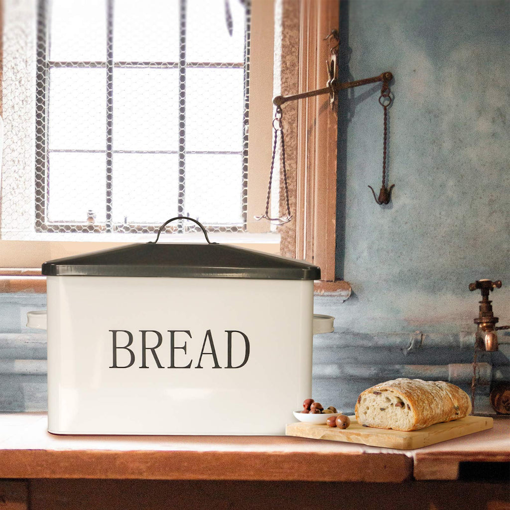 Metal with Lid Countertop Large Bread B Bread Food Snacks Storage Container Farmhouse BreadBox Grey Lid White Body