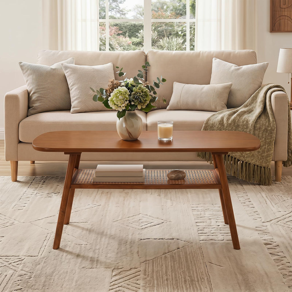 Rattan Coffee Table, 39.5" Wood Coffee Table Walnut