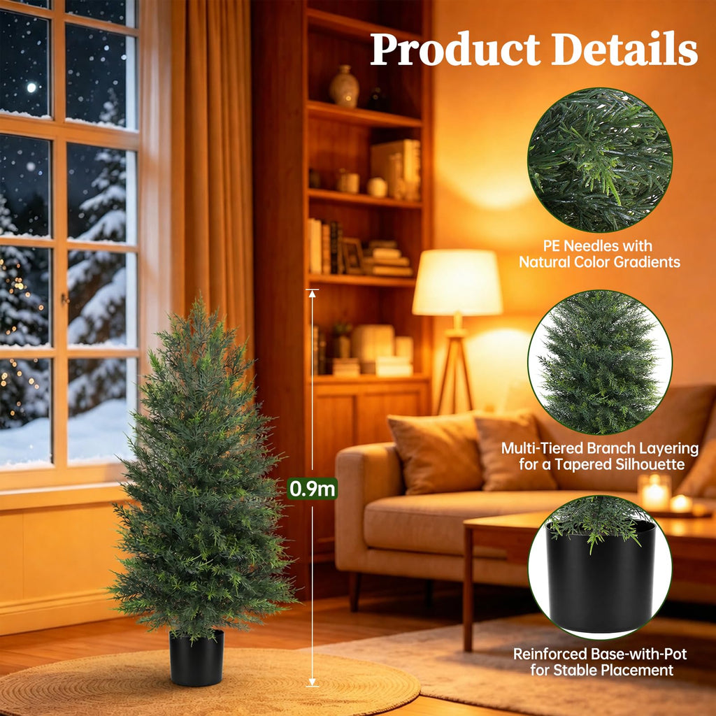 3FT Artificial Topiary Cypress Trees with Pot, 2Pack Faux Plants