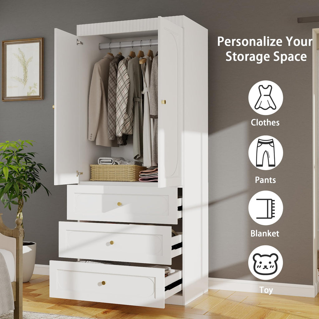 Armoire Wardrobe Closet with Drawers: 74" Tall White Wardrobe Closet with Doors, Large Bedroom Armoires for Clothes
