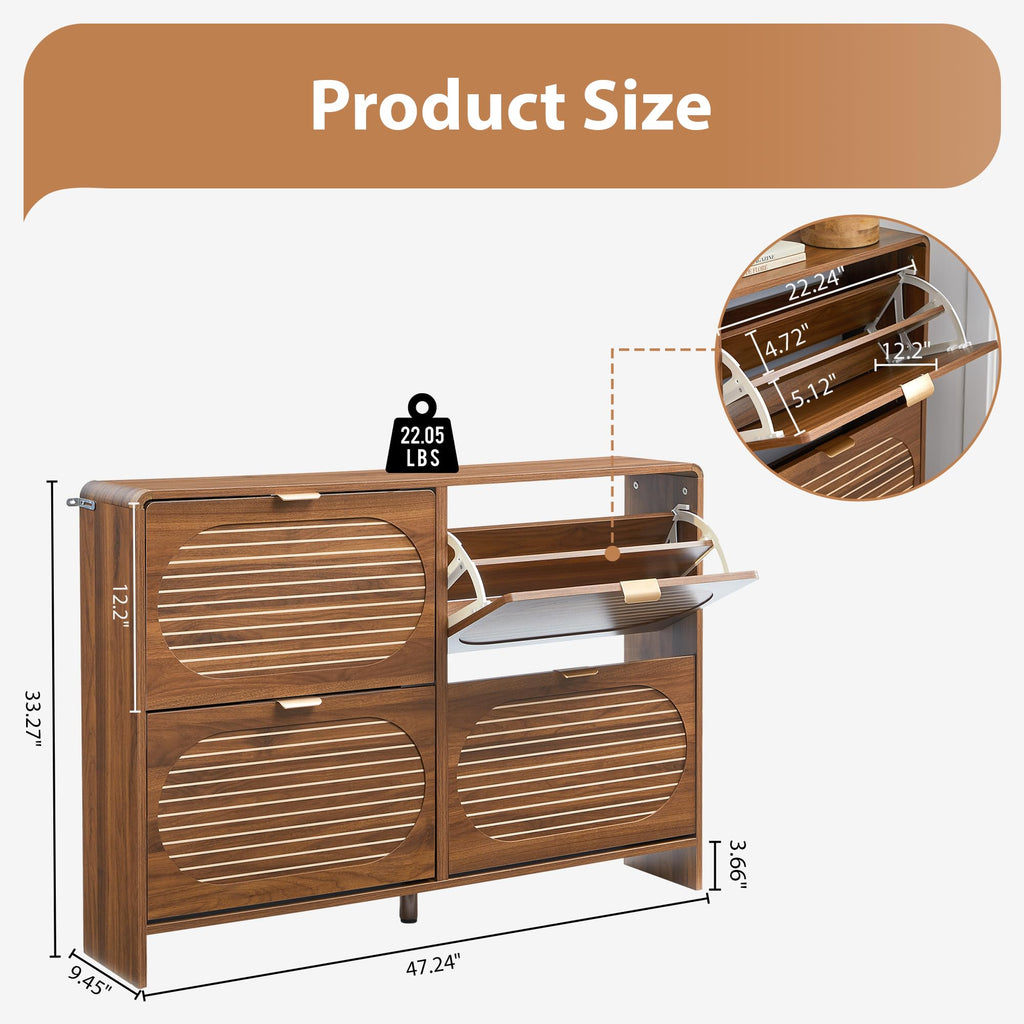 47" Large Shoe Storage Cabinet with 4 Flip Drawer Arched Fluted Pattern, Farmhouse Hidden Narrow Curved Corner Shoe