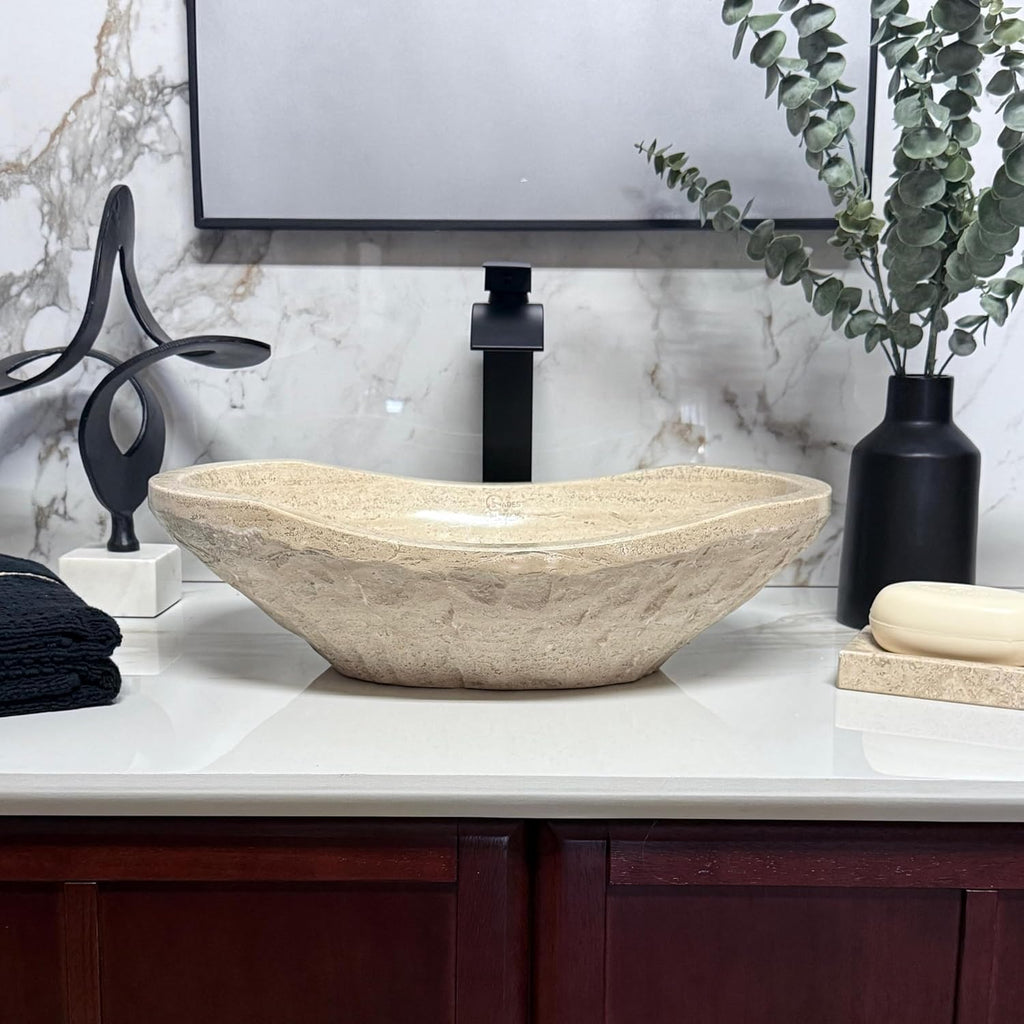Natural Tan Travertine Vessel Sink Ð Modern Rustic Chiseled Oval Canoe Bathroom Sink Ð Hand-Carved Marble Ð Real Stone Basin A131-B071W2CJ5G