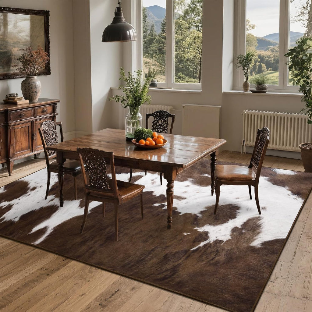 Cow Print Rug - Brown Faux Cowhide Rugs, Washable Soft Non-Slip Stain Resistant Animal Cow Hide Carpet Bedroom