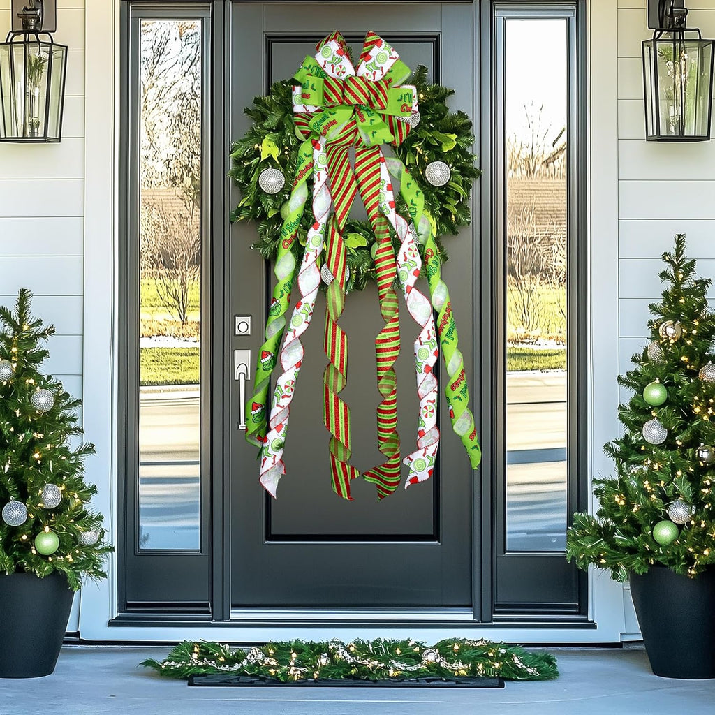 Large Christmas Tree Topper Bow 52x13 Inch, Pre-Tied Wired Wreath Ribbon