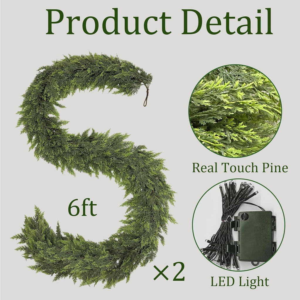 2Pcs 6Ft Christmas Cedar Garland with Lights