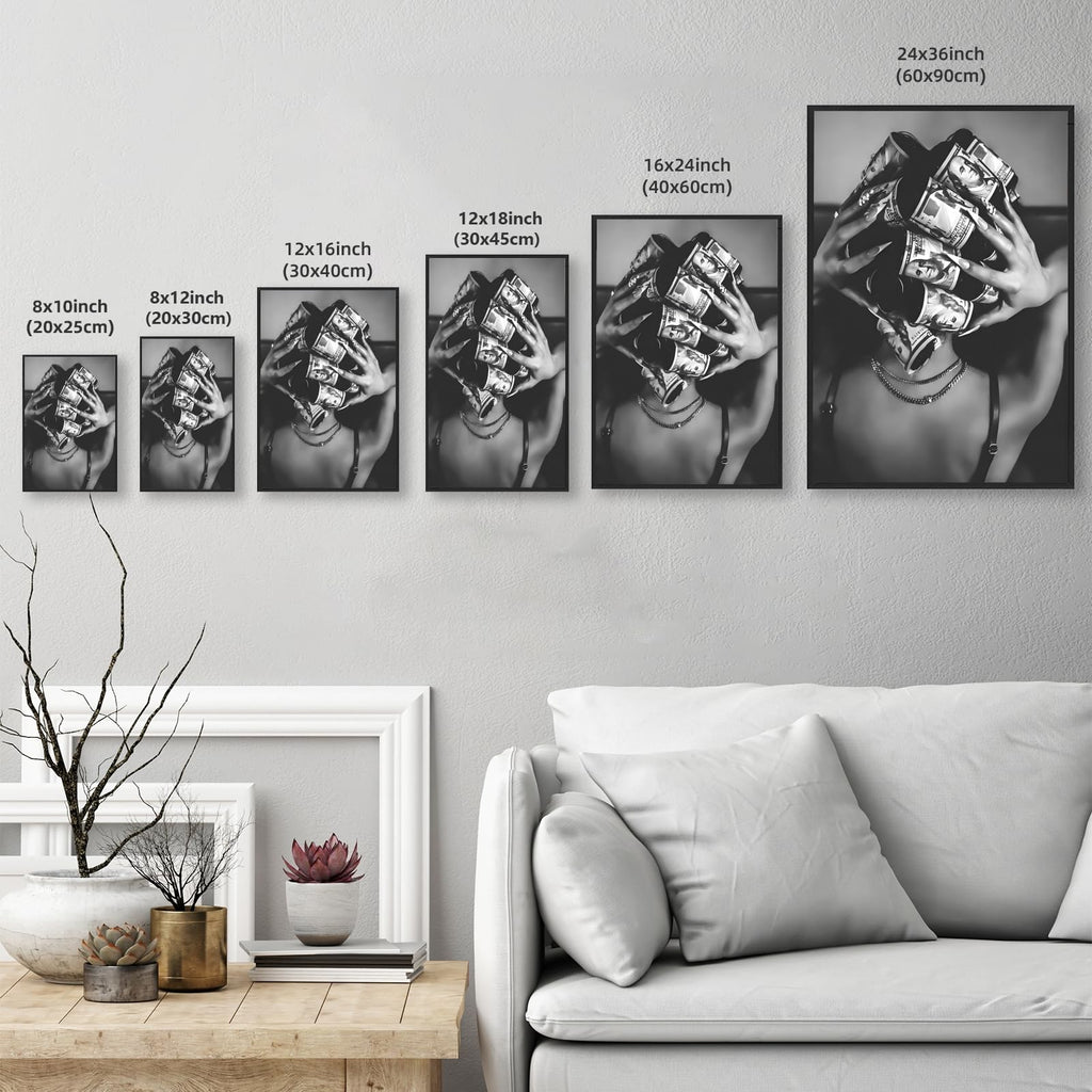 Framed Black Woman with Money on Head Wall Art Trendy Black and White Canvas Print Luxury Money Hair Rollers Fashion