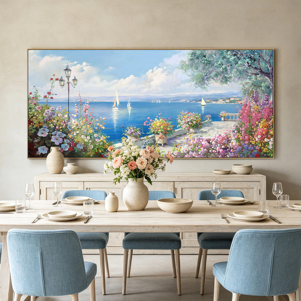 Oversized French Coastal Flower Sailboat Canvas Wall Art Framed Pastel