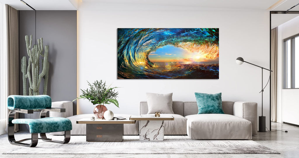 Giant Wave Water Wall Art Canvas Prints 1 Panels Ocean Waves Pictures Paintings Sunset Blue Seascape Framed