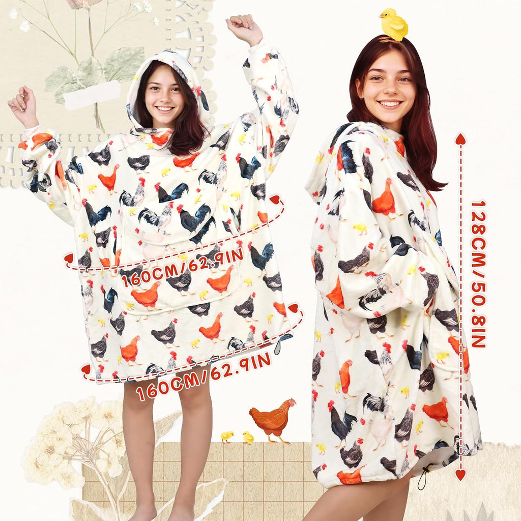 Chicken Wearable Blanket Hoodie for Women - Funny Hooded Blanket with Oversized Pocket - Chicken Decor Gifts for