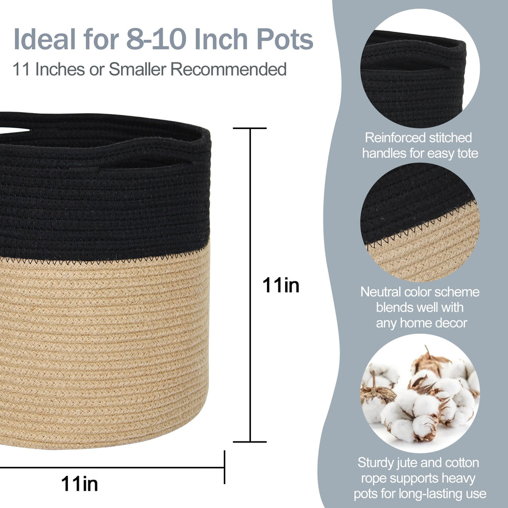 Wicker Plant Basket Indoor, 11" x 11" Jute Spliced Cotton Rope Basket Planter for 10" Pot, Woven Flower Tree Pots