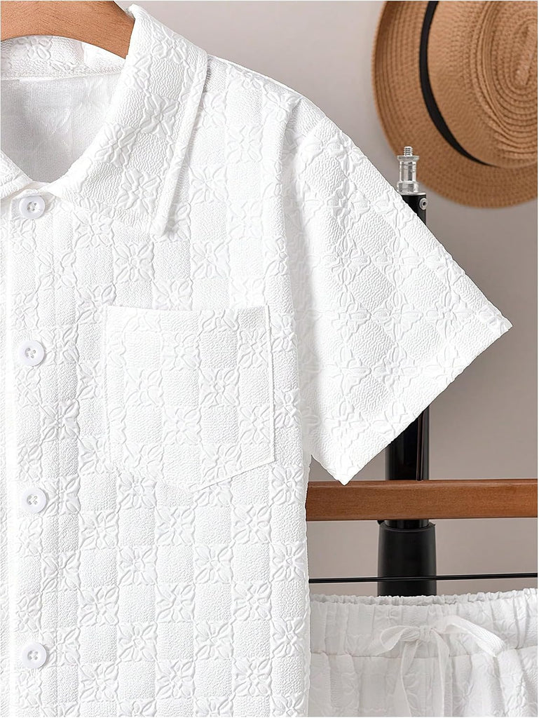 Boys 2 Piece Beach Vacation Textured Linen Button Down Outfit