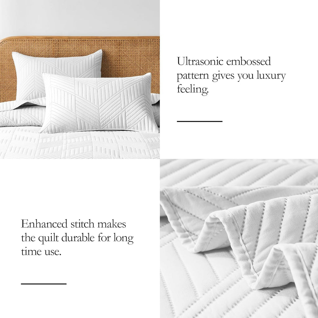 Queen Quilt Bedding Set,White Ultrasonic Full/Queen Quilt Set Reversible Microfiber Bedspread,Lightweight Soft Modern