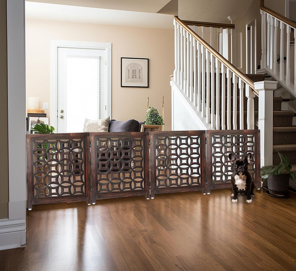 Wooden Foldable Pet Dog Gate - Hand Carved 4-Panel 80 W x 24 H