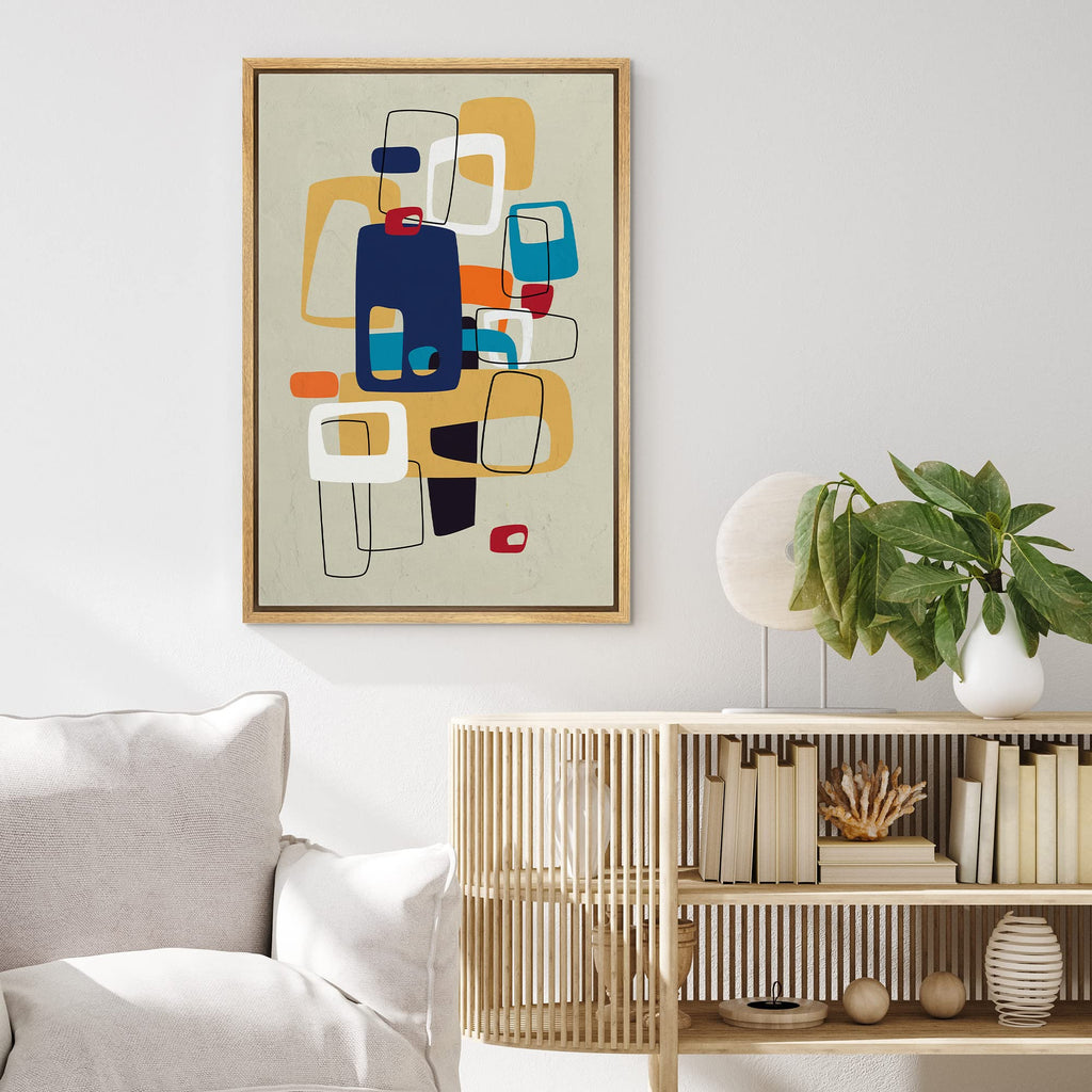 Framed Canvas Print Wall Art Mid-Century Modern Colorful Polygon Collage Abstract Shapes Illustrations Minimalism