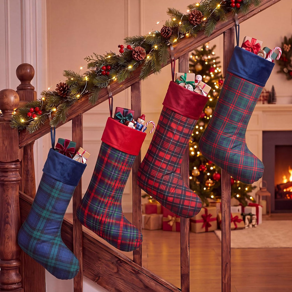 Classic Christmas Stockings Tartan Plaid Velvet Cuff 22" - Set of 4