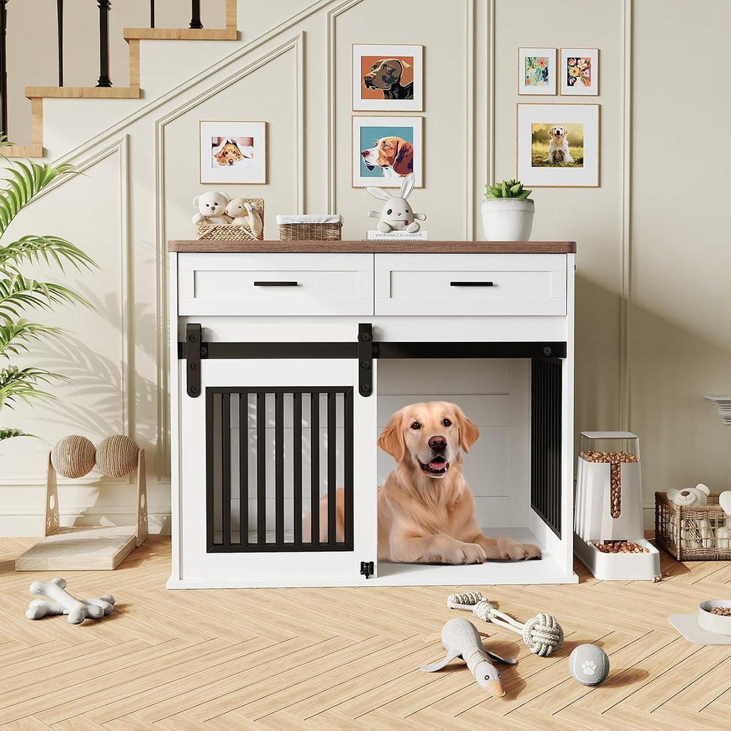Large Dog Crate Furniture with 2 Storage Drawers, Heavy Duty Wooden Pet Kennel with Sliding Barn Door & Hook, Dog