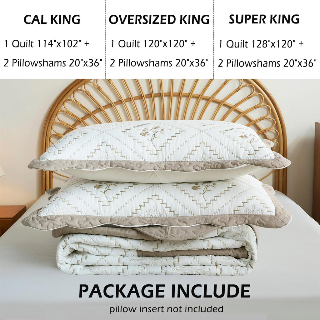 Oversized King Quilt Set Taupe-128x120 Super King Bedspread with 2 Pillow Shams-Exquisite Embroidery Bedding