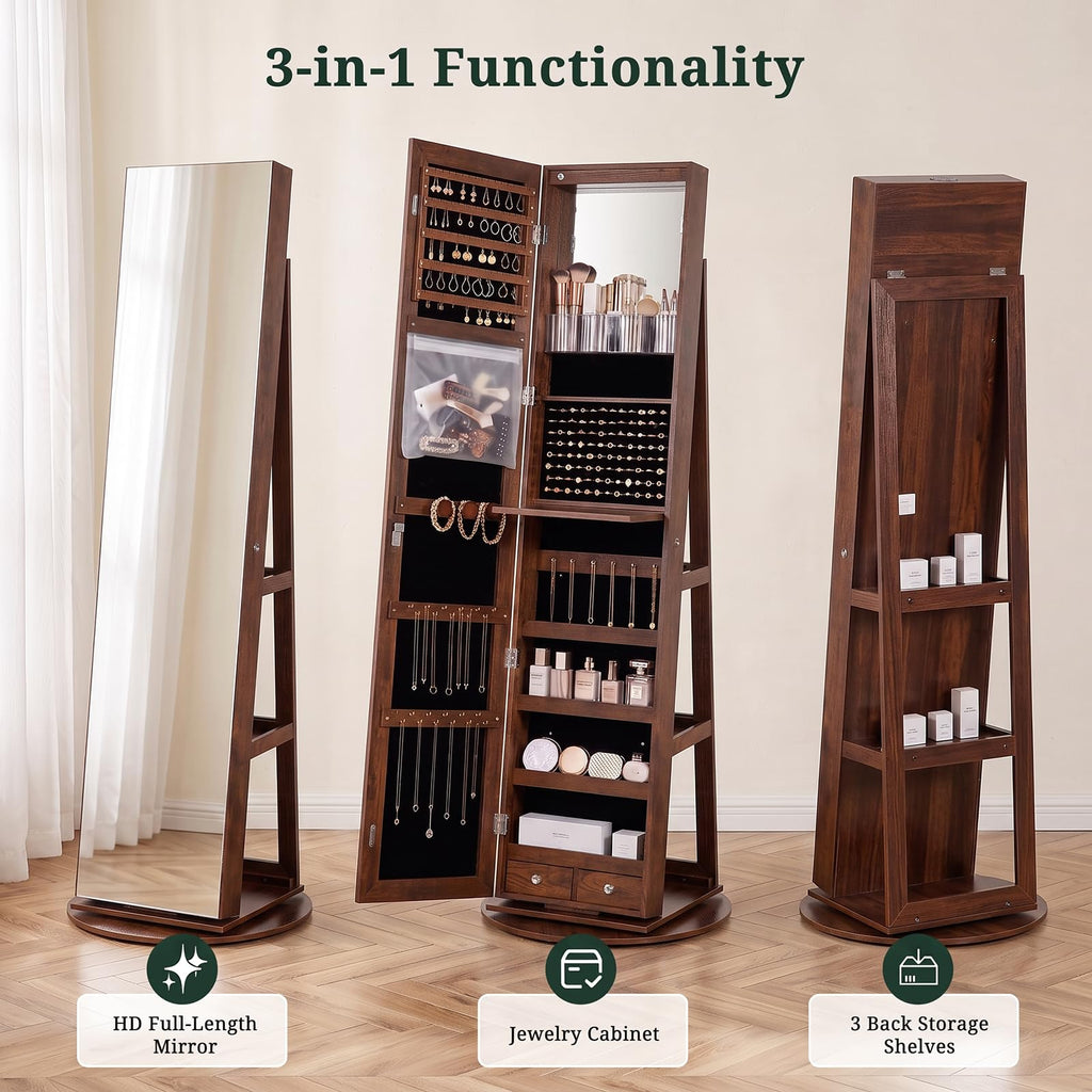 360° Swivel Jewelry Armoire Cabinet with Full Length Mirror, Lockable Jewelry Organizer with 6 LED Vanity Mirror, 3