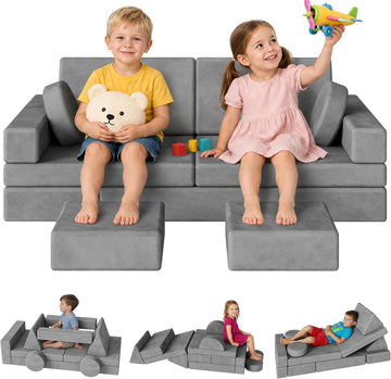 18Pcs Kids Play Couch, Modular Foam Couch, Convertible, Grey