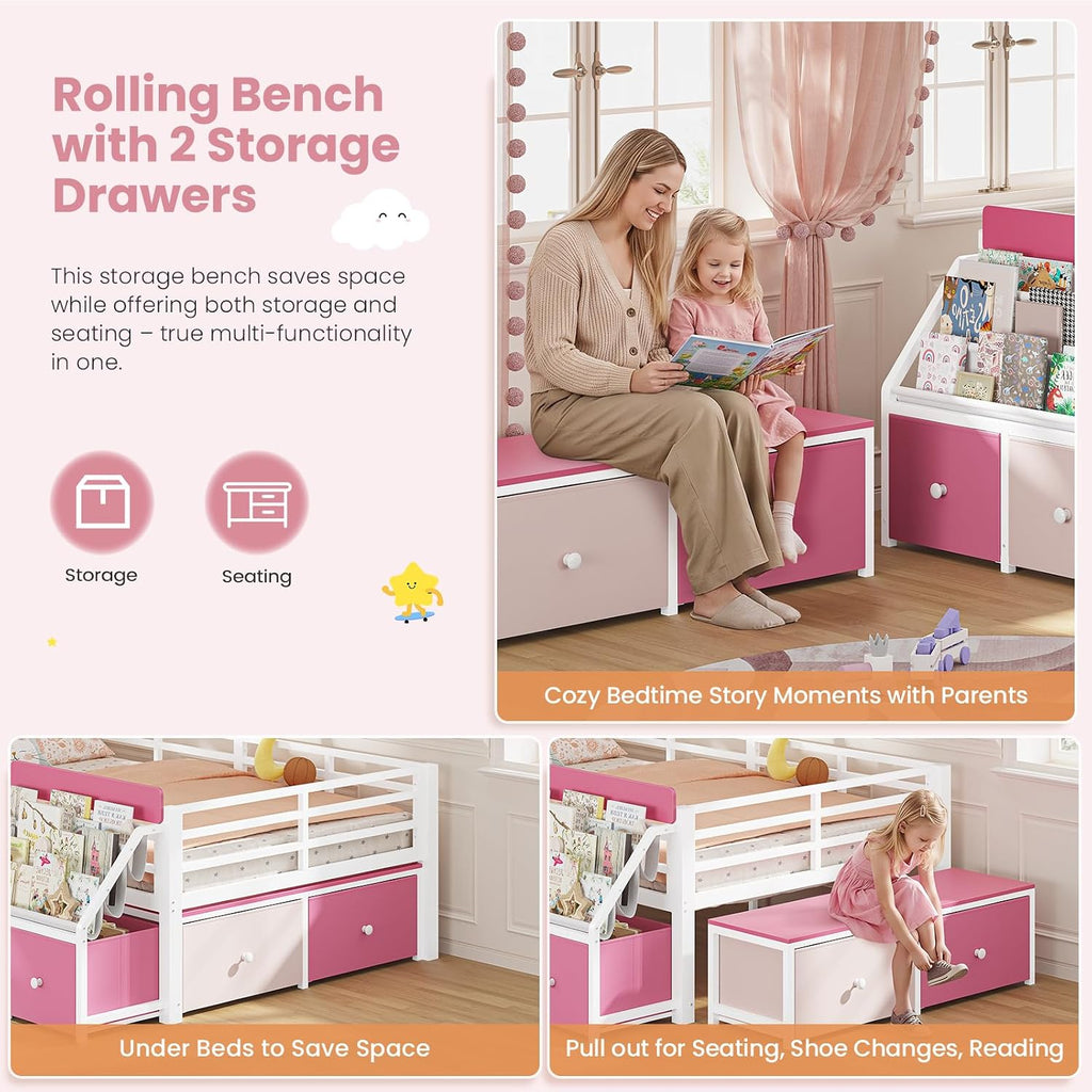 Montessori Kids Floor Bed with Guardrails & 6 Storage Drawers, Pink