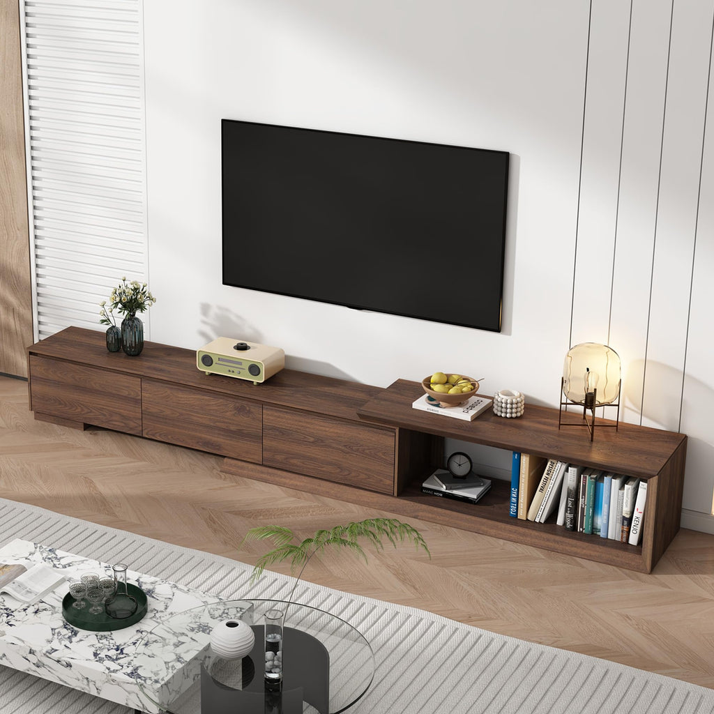 Extendable TV Stand with 3 Drawers, Modern Minimalist Entertainment Center, Reversible Long TV Media Console, Bevel