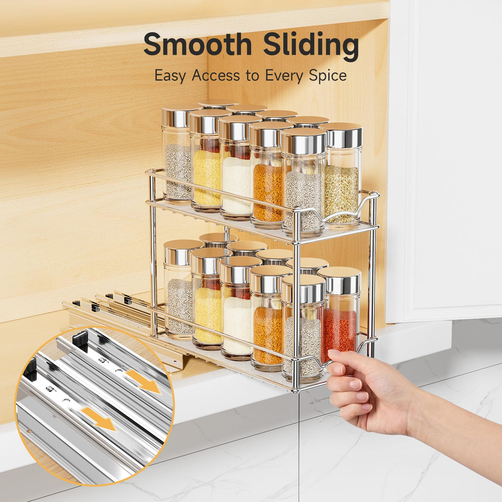 Pull Out Spice Rack for Inside Cabinet, 2 Tier Chrome Spice Organization for Cabinet, Vertical Sliding Out Spice Rack