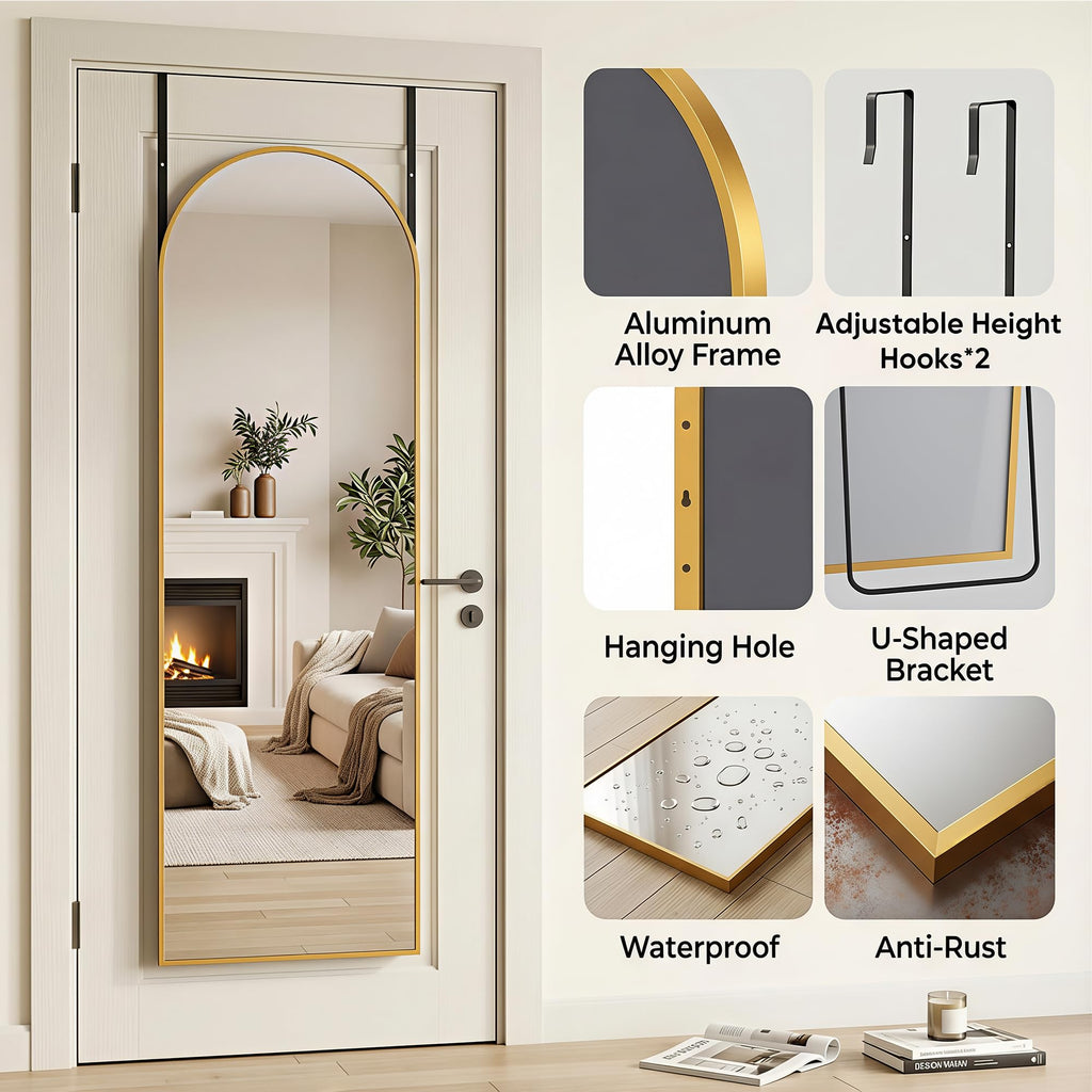 58"x20" Over The Door Mirror, Arched Full Length Mirror, Gold