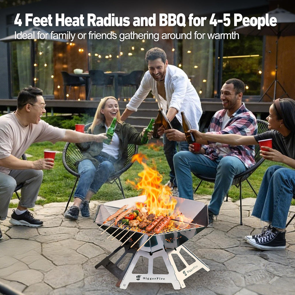 Foldable Portable Fire Pit, Stainless Steel Fire Pits with Charcoal Grill Net and Storage Bag, Camping Fire Pit Grill