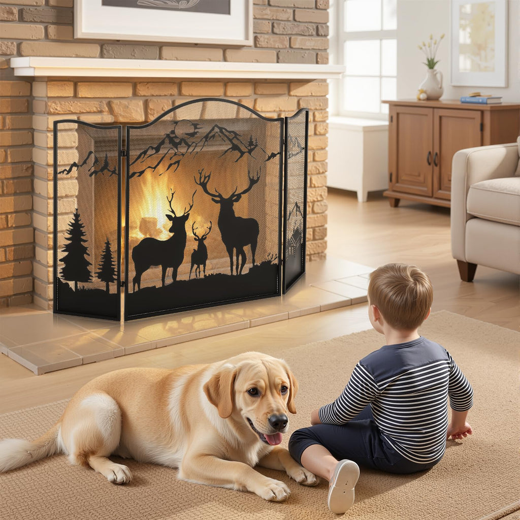 3-Panel Fireplace Screen, Deer Pattern Fire Guard, Rustic, 50" x 36"