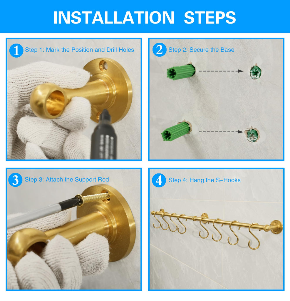 31 Inch Brass Pot Rack Wall Mounted, Kitchen Rail with Hooks for Pots, Pans, Mugs and Utensils, Segmented Wall
