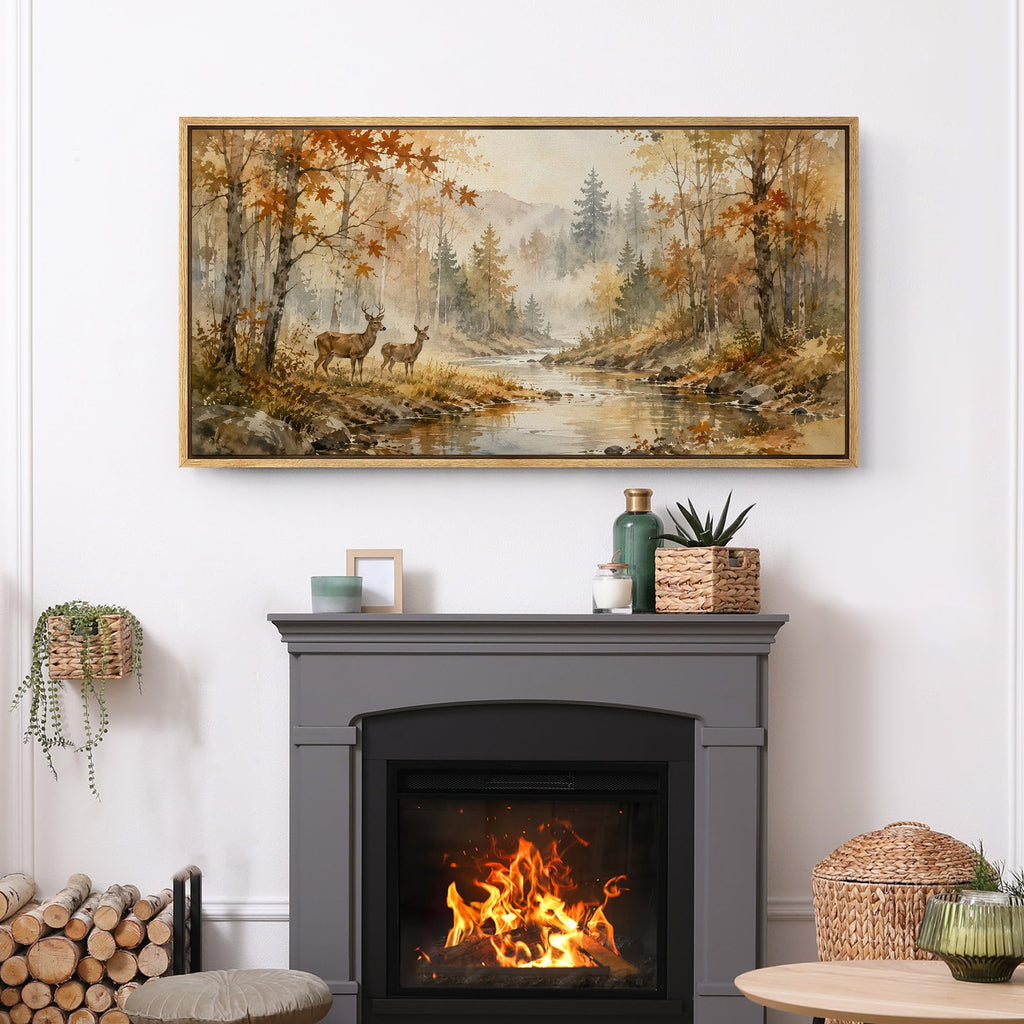 Extra Large Framed Canvas Print Wall Art Watercolor Autumn Forest Deer River Farmhouse Illustrations Modern Art