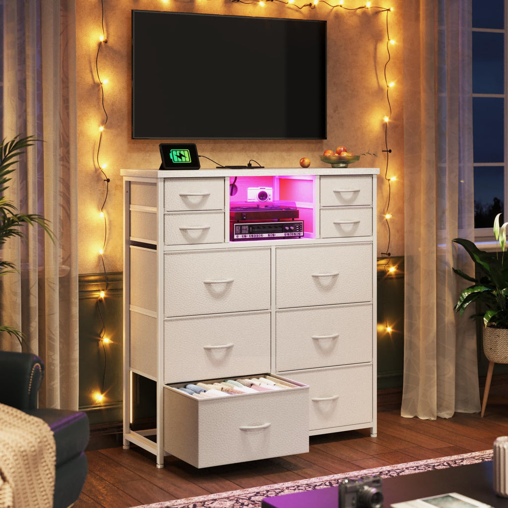10-Drawer Tall, LED & Charging Station, White