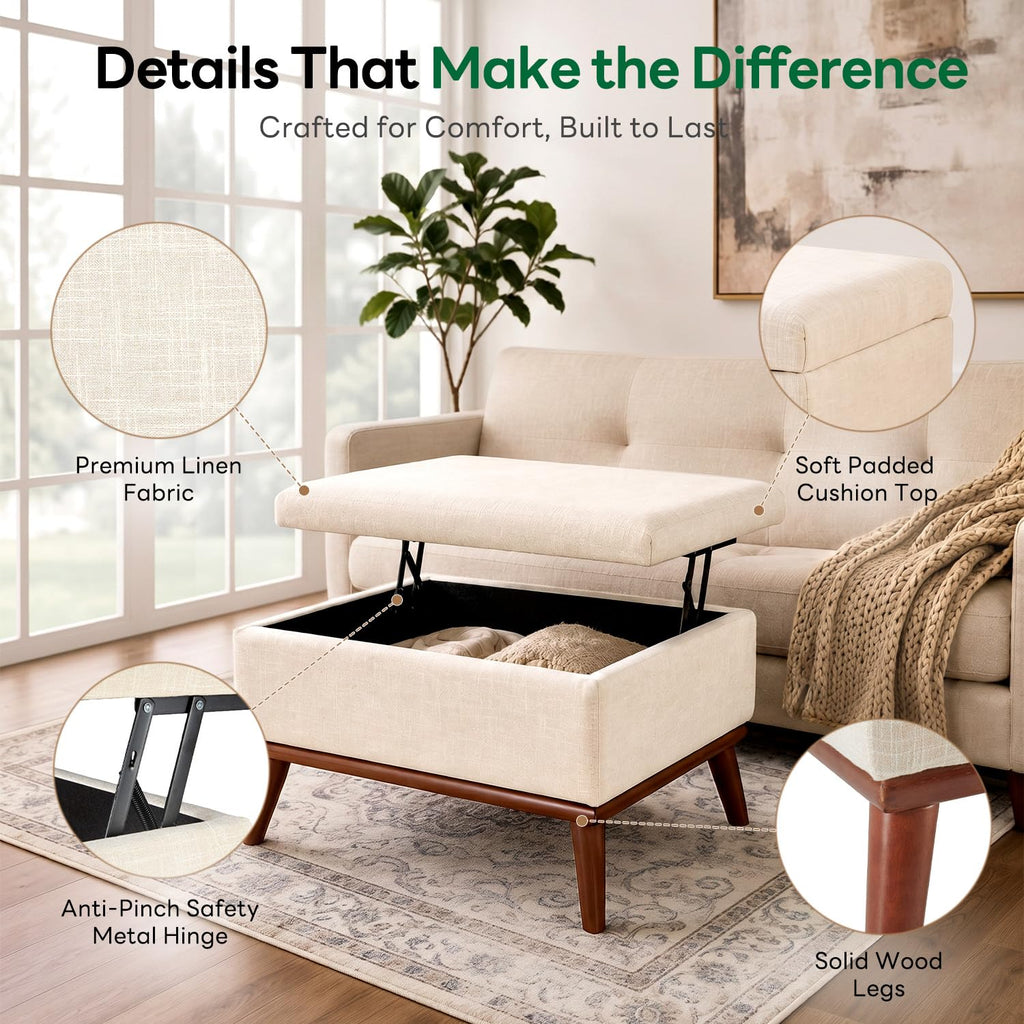 Large Ottoman with Storage, 28.3" Mid Century Modern Rectangle Coffee Table with Lid Lifting Function, High Wooden