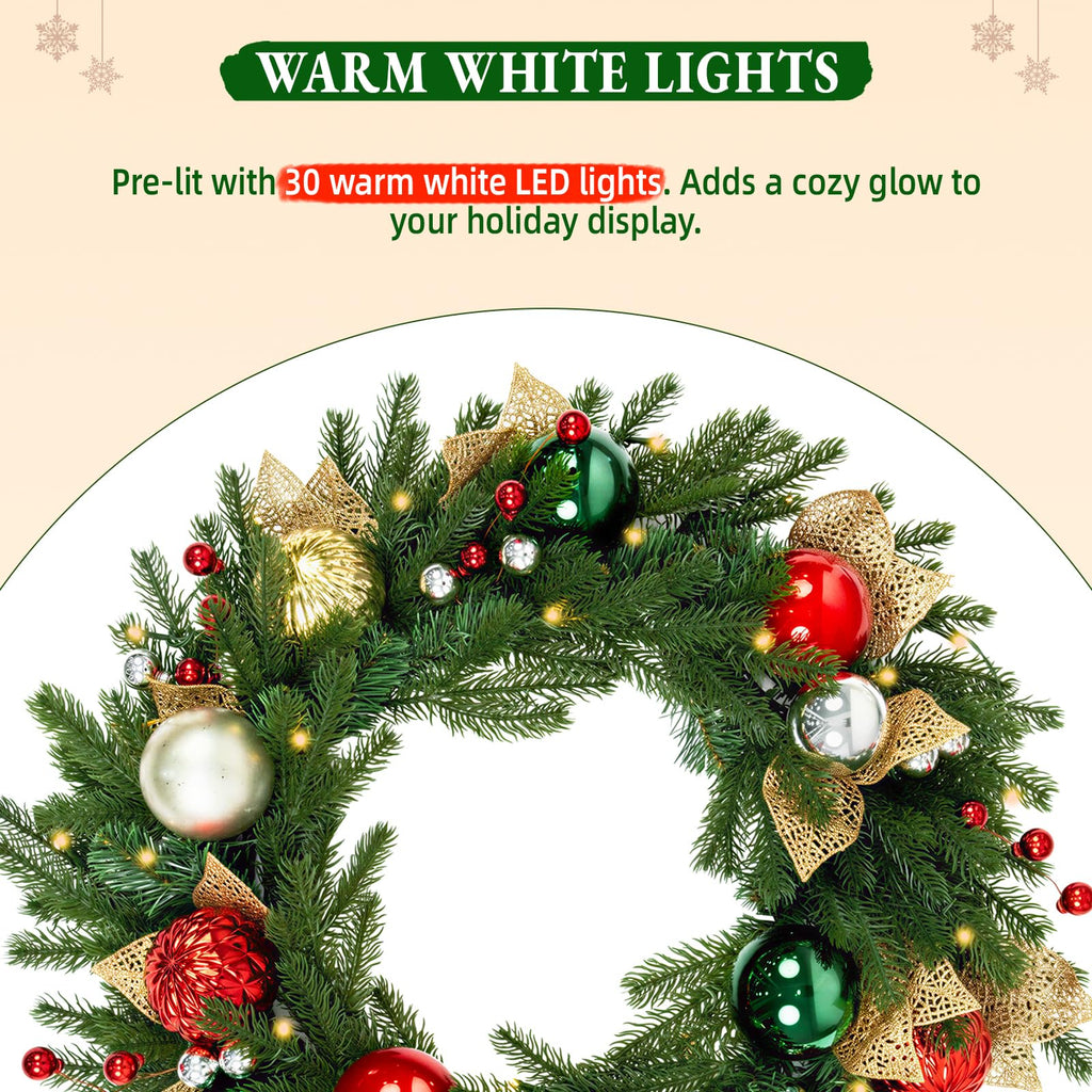 24 Inch Pre-Lit Christmas Wreath with 30 Warm White LED Lights and Timer, Battery Operated Artificial PE & PVC Wreath