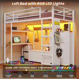 Twin Loft Bed with 6 Storage Drawers,Coat Rack and Open Shelves Metal Twin Loft Bed with Desk,Charging Station and LED