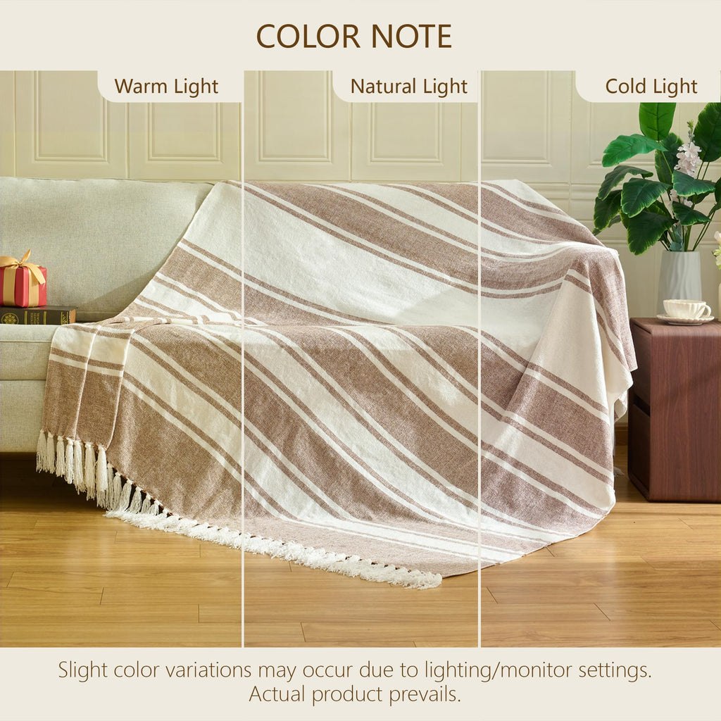 Chenille Throw Blanket with Knotted Tassels 50x60, Tan Stripe