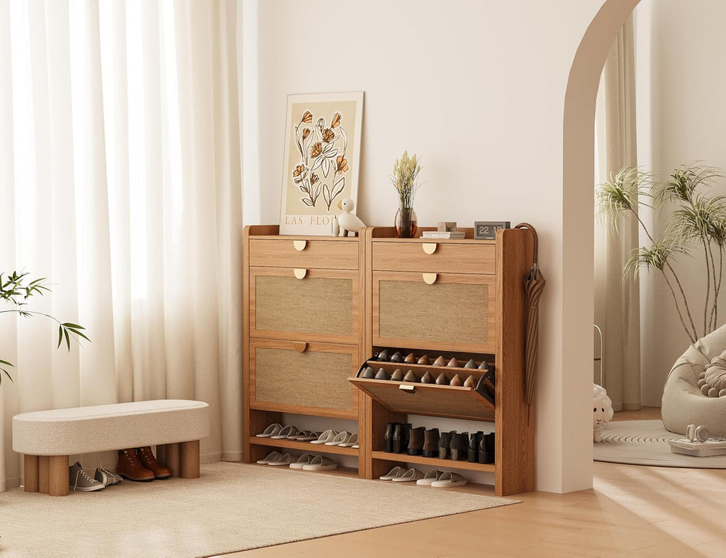 Rattan Shoe Storage Cabinet, Shoe Organizer with 2 Flip Drawers, Narrow Shoe Cabinet, Free Standing Hidden Shoe