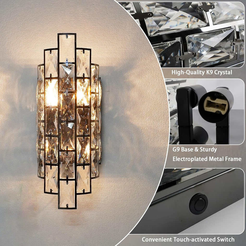 Black Crystal Wall Sconce, Modern Indoor Wall Light Fixtures with Touch Switch, Luxury K9 Crystal Vanity Wall
