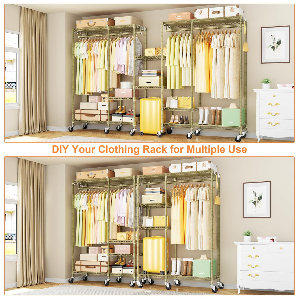 F4R Heavy Duty Clothes Rack(With Lockable Wheels )Rolling Clothing Racks for Hanging Clothes, Adjustable Closet