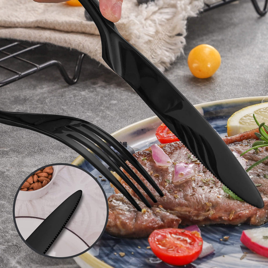 24 Pieces Black Silverware Set for 6, Heavy Duty 18/10 Stainless Steel Flatware Set with Forged Stand Knife, Modern