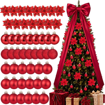 Christmas Tree Decoration Set with Burgundy Tree Topper Bow - Set of 52