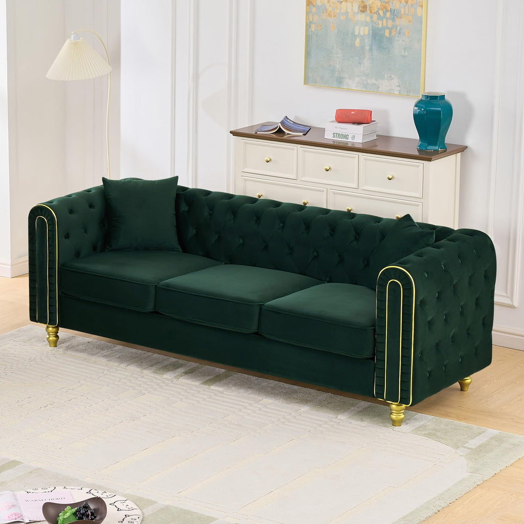 Chesterfield Button Tufted Sofa, Modern 3 Deep Seater Couch, Upholstered Comfy Sofa with 2 Pillows, Green