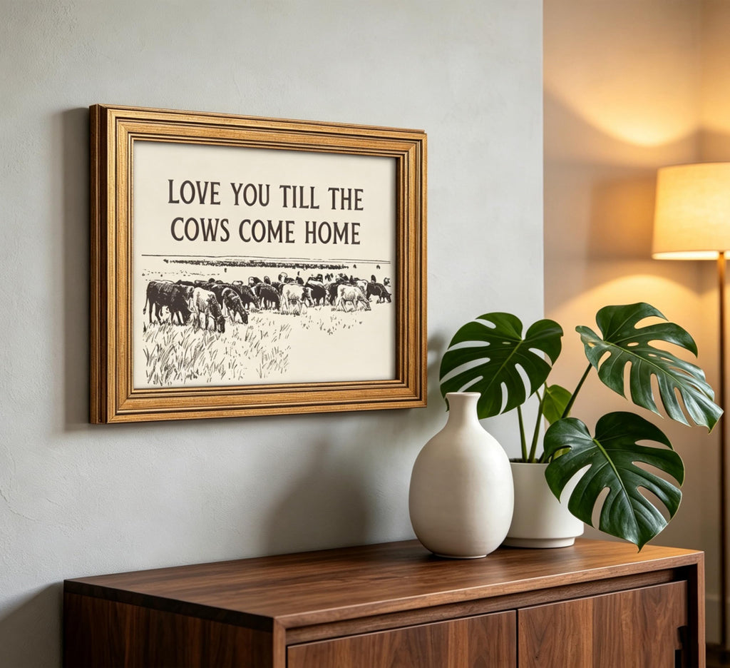 Vintage Gold Framed Cow Wall Art, Western Cowboy Country Landscape Painting Canvas Prints, Romantic Quotes Family