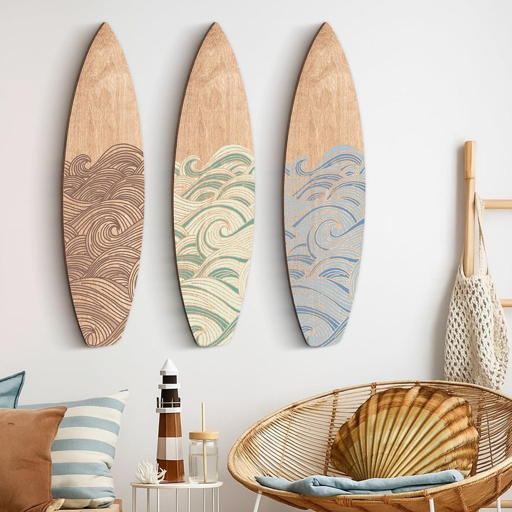 3 Pcs Surfboard Wall Art Decor Mixed Color, 23.62" x 6.69", Wave
